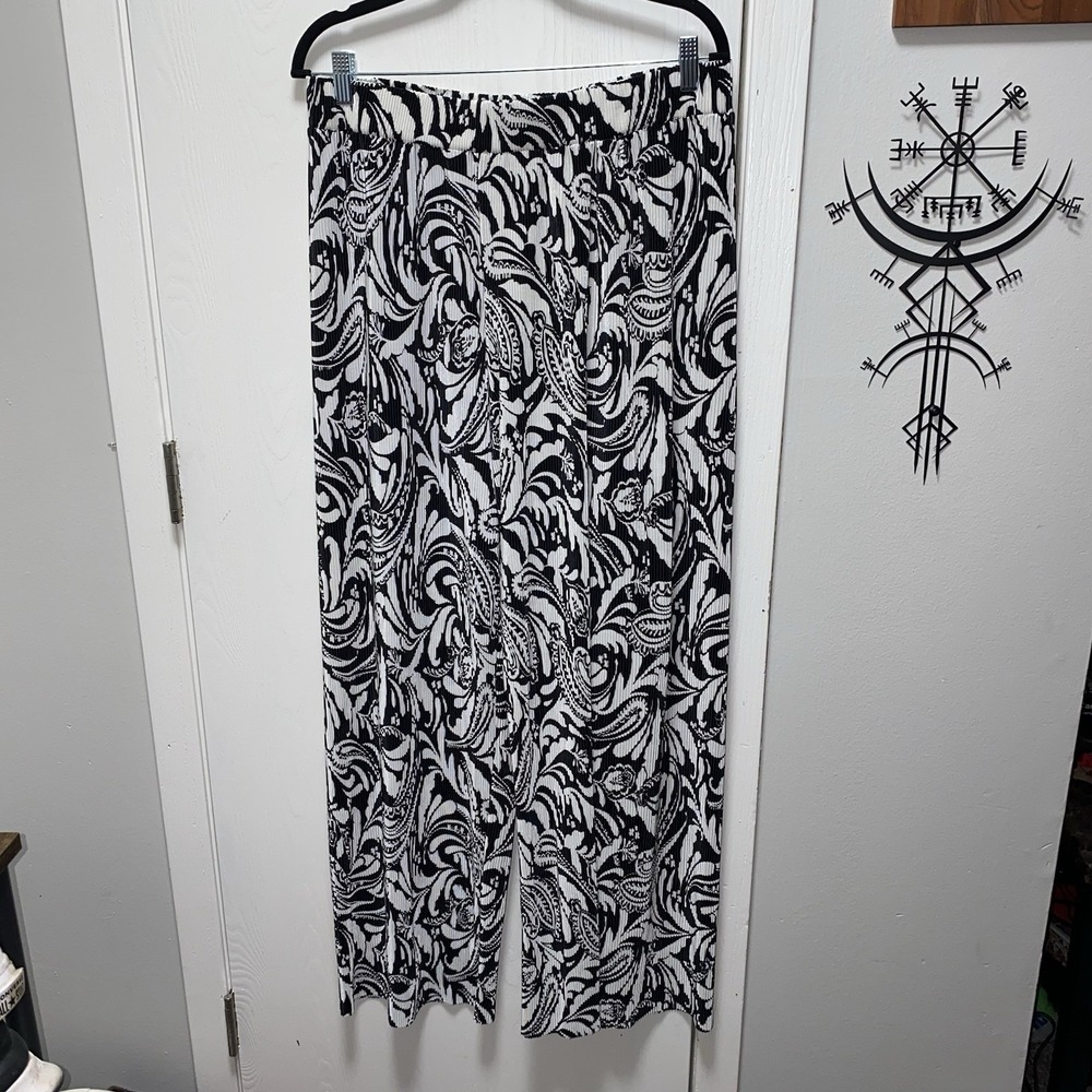 Contempo Black White Paisley Print Pleated Wide Leg Pants XL‎